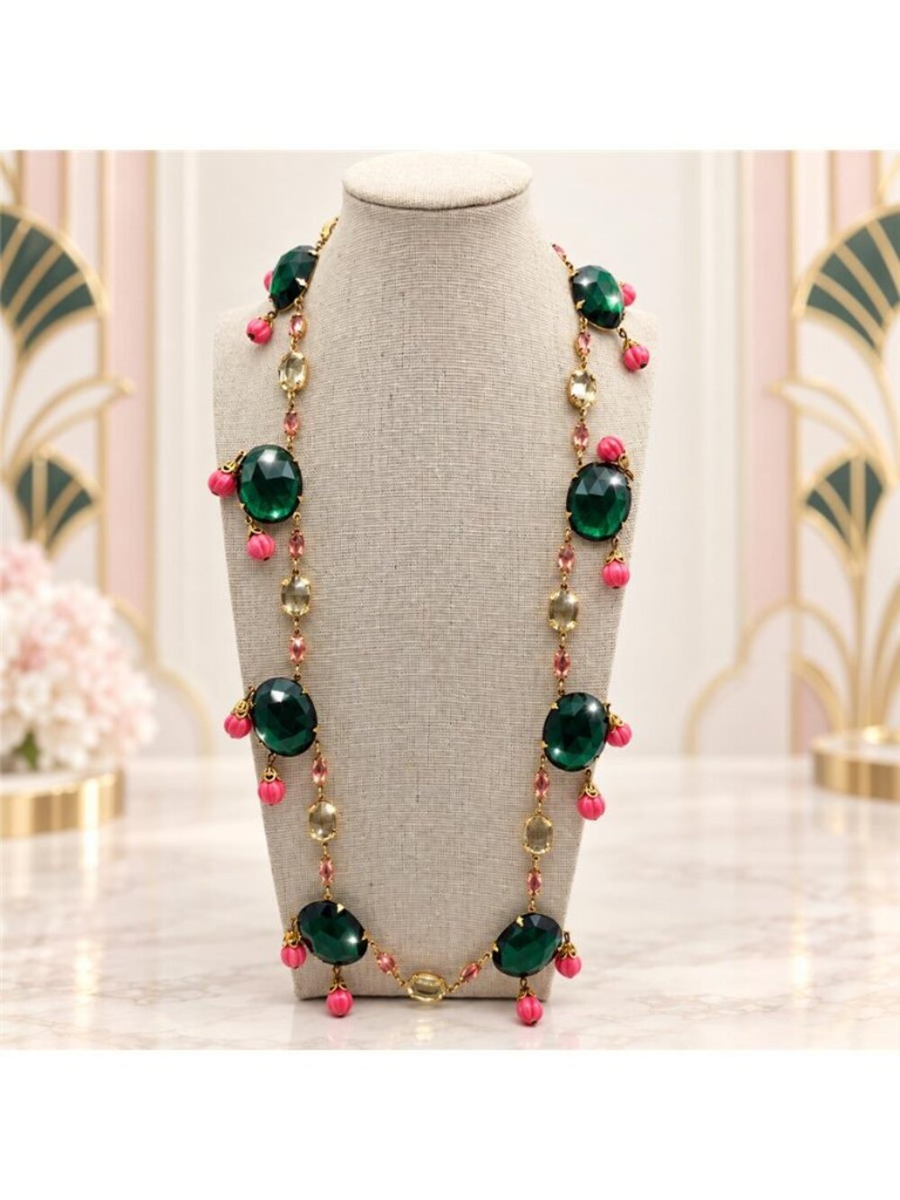 Emerald Green Pink Glass Festoon Bib Necklace 27in Vintage